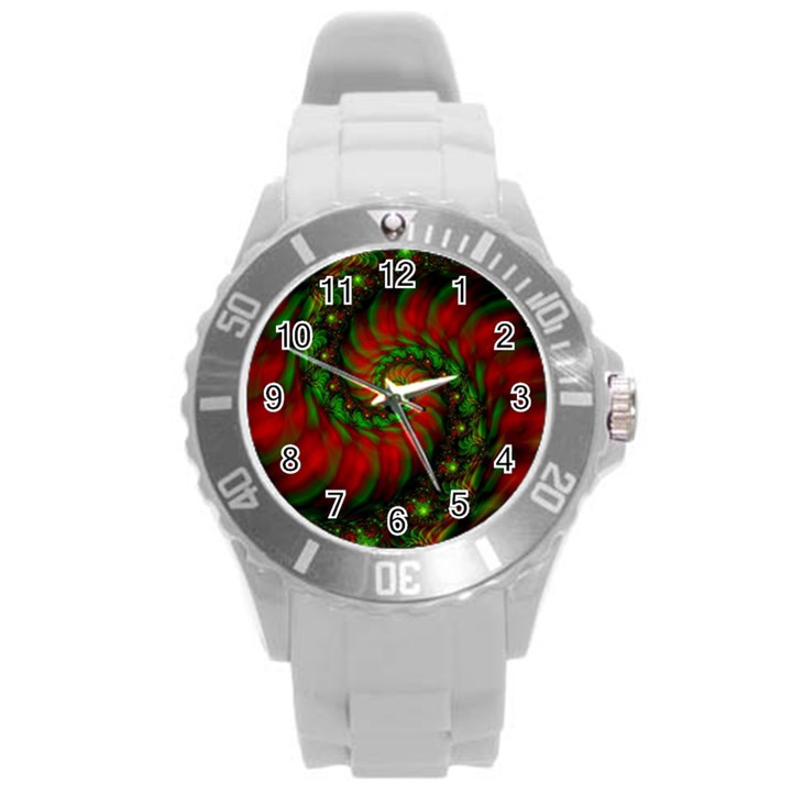 Fractal Green Red Spiral Happiness Vortex Spin Round Plastic Sport Watch (L)