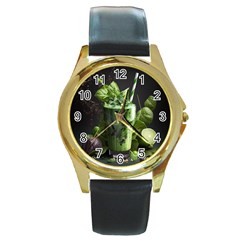 Ai Generated Drink Spinach Smooth Apple Ginger Round Gold Metal Watch by danenraven