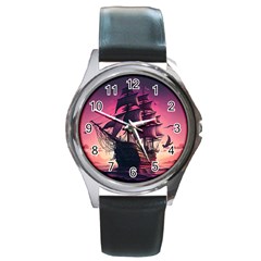 Ship Pirate Adventure Landscape Ocean Sun Heaven Round Metal Watch