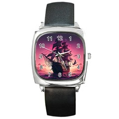 Ship Pirate Adventure Landscape Ocean Sun Heaven Square Metal Watch