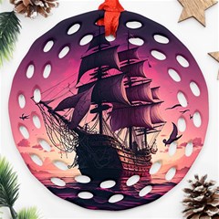 Ship Pirate Adventure Landscape Ocean Sun Heaven Round Filigree Ornament (Two Sides)