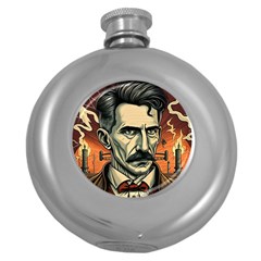 Ai Generated Nikola Tesla Tesla Nikolas Electricity Round Hip Flask (5 Oz) by danenraven