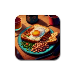 Ai Generated Breakfast Egg Beans Toast Plate Rubber Square Coaster (4 Pack) by danenraven