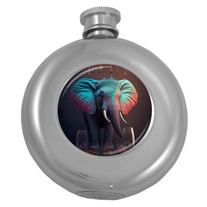 Ai Generated Elephant Tusks Trunk Wildlife Africa Round Hip Flask (5 oz)