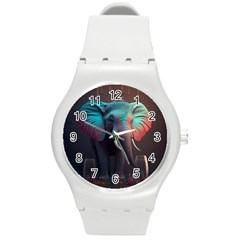 Ai Generated Elephant Tusks Trunk Wildlife Africa Round Plastic Sport Watch (m) by danenraven