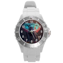 Ai Generated Elephant Tusks Trunk Wildlife Africa Round Plastic Sport Watch (l) by danenraven