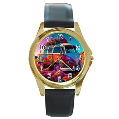 Ai Generated Beetle Volkswagen Bug Car Bus Round Gold Metal Watch by danenraven