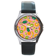 Fruits Tropical Pattern Design Art Round Metal Watch by Ravend