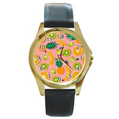 Fruits Tropical Pattern Design Art Round Gold Metal Watch by Ravend