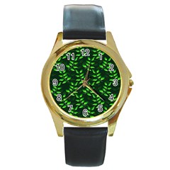 Branches Nature Green Leaves Sheet Round Gold Metal Watch by Ravend