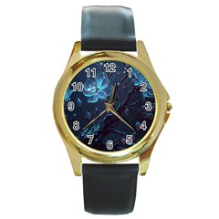 Ai Generated Cherry Blossom Blossoms Art Round Gold Metal Watch by Ravend