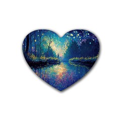 Oil Painting Night Scenery Fantasy Rubber Heart Coaster (4 Pack) by Ravend