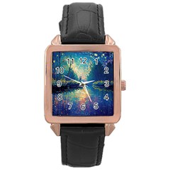 Oil Painting Night Scenery Fantasy Rose Gold Leather Watch  by Ravend