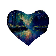 Oil Painting Night Scenery Fantasy Standard 16  Premium Flano Heart Shape Cushions by Ravend