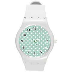 Light Blue And White Polka Dots Round Plastic Sport Watch (m) by GardenOfOphir