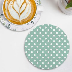 Light Blue And White Polka Dots Uv Print Round Tile Coaster by GardenOfOphir