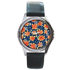 Flowers And Polka Dots Watercolor Round Metal Watch by GardenOfOphir