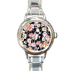 Boho Black Pink Flowers Watercolor Vi Round Italian Charm Watch by GardenOfOphir