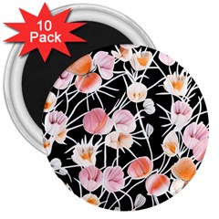 Boho Black Pink Flowers Watercolor Vi 3  Magnets (10 Pack)  by GardenOfOphir