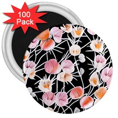 Boho Black Pink Flowers Watercolor Vi 3  Magnets (100 Pack) by GardenOfOphir