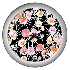 Boho Black Pink Flowers Watercolor Vi Wall Clock (silver) by GardenOfOphir