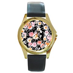 Boho Black Pink Flowers Watercolor Vi Round Gold Metal Watch by GardenOfOphir