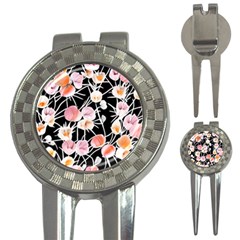 Boho Black Pink Flowers Watercolor Vi 3-in-1 Golf Divots by GardenOfOphir