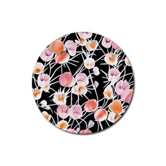 Boho Black Pink Flowers Watercolor Vi Rubber Round Coaster (4 Pack) by GardenOfOphir