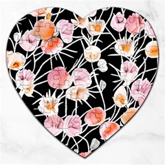 Boho Black Pink Flowers Watercolor Vi Jigsaw Puzzle (heart) by GardenOfOphir