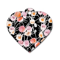 Boho Black Pink Flowers Watercolor Vi Dog Tag Heart (one Side) by GardenOfOphir