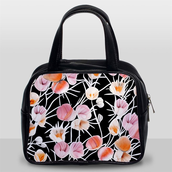 Boho Black Pink Flowers Watercolor VI Classic Handbag (Two Sides)