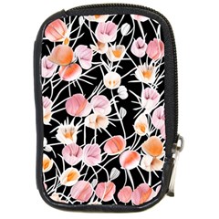 Boho Black Pink Flowers Watercolor Vi Compact Camera Leather Case by GardenOfOphir