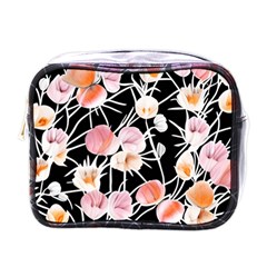 Boho Black Pink Flowers Watercolor Vi Mini Toiletries Bag (one Side) by GardenOfOphir