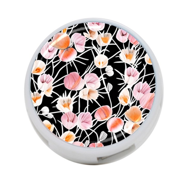 Boho Black Pink Flowers Watercolor VI 4-Port USB Hub (Two Sides)