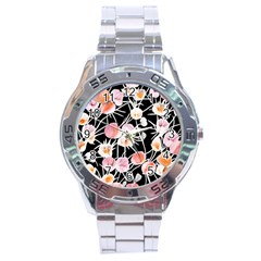 Boho Black Pink Flowers Watercolor Vi Stainless Steel Analogue Watch by GardenOfOphir