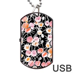 Boho Black Pink Flowers Watercolor Vi Dog Tag Usb Flash (two Sides) by GardenOfOphir