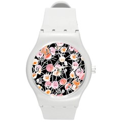 Boho Black Pink Flowers Watercolor Vi Round Plastic Sport Watch (m) by GardenOfOphir