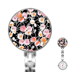 Boho Black Pink Flowers Watercolor Vi Stainless Steel Nurses Watch by GardenOfOphir