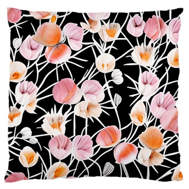 Boho Black Pink Flowers Watercolor VI Standard Premium Plush Fleece Cushion Case (One Side)