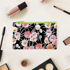 Boho Black Pink Flowers Watercolor Vi Cosmetic Bag (xs) by GardenOfOphir