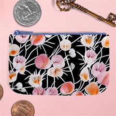 Boho Black Pink Flowers Watercolor Vi Large Coin Purse by GardenOfOphir