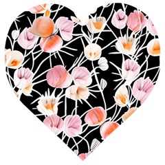 Boho Black Pink Flowers Watercolor Vi Wooden Puzzle Heart by GardenOfOphir