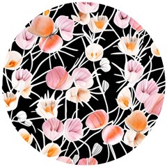 Boho Black Pink Flowers Watercolor Vi Wooden Puzzle Round by GardenOfOphir