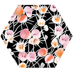 Boho Black Pink Flowers Watercolor Vi Wooden Puzzle Hexagon by GardenOfOphir