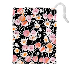 Boho Black Pink Flowers Watercolor Vi Drawstring Pouch (4xl) by GardenOfOphir