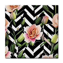 Black Chevron Peach Lilies Tile Coaster by GardenOfOphir