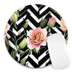 Black Chevron Peach Lilies Round Mousepad by GardenOfOphir