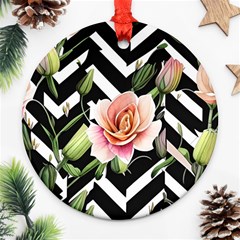 Black Chevron Peach Lilies Ornament (round) by GardenOfOphir