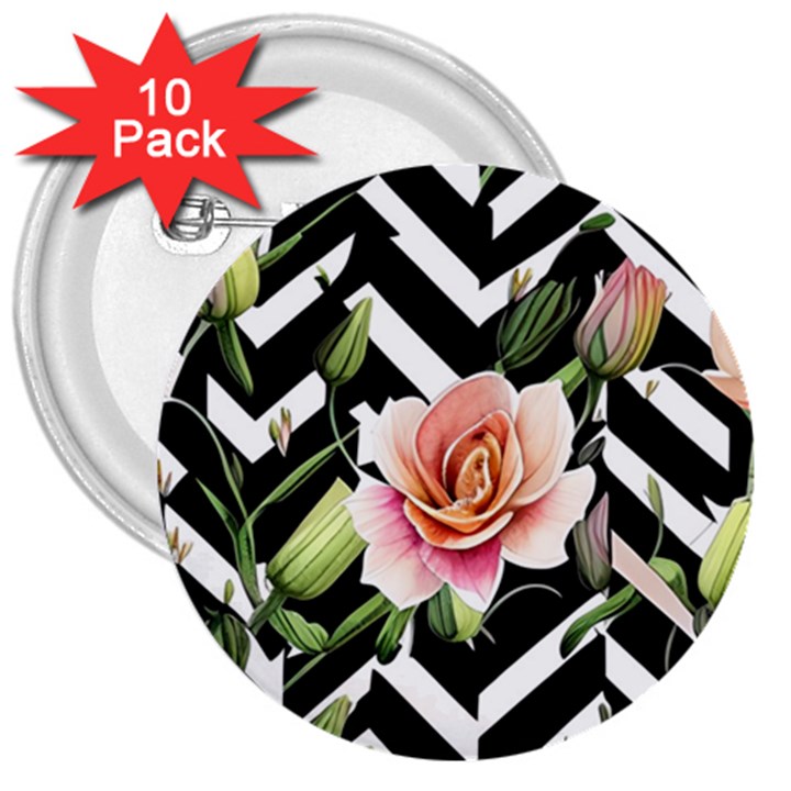 Black Chevron Peach Lilies 3  Buttons (10 pack) 