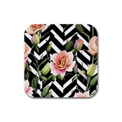 Black Chevron Peach Lilies Rubber Square Coaster (4 Pack) by GardenOfOphir